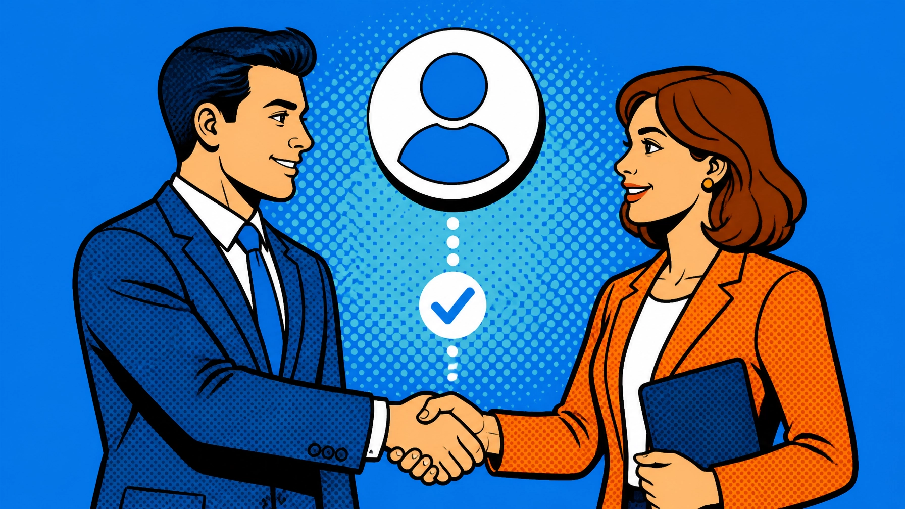 A graphic showing two business professionals shaking hands in a comic-book style. One is a Founder with a visible social media profile hovering nearby, indicating that the partnership was formed through digital trust. Pop-art aesthetic with blue and orange accents.