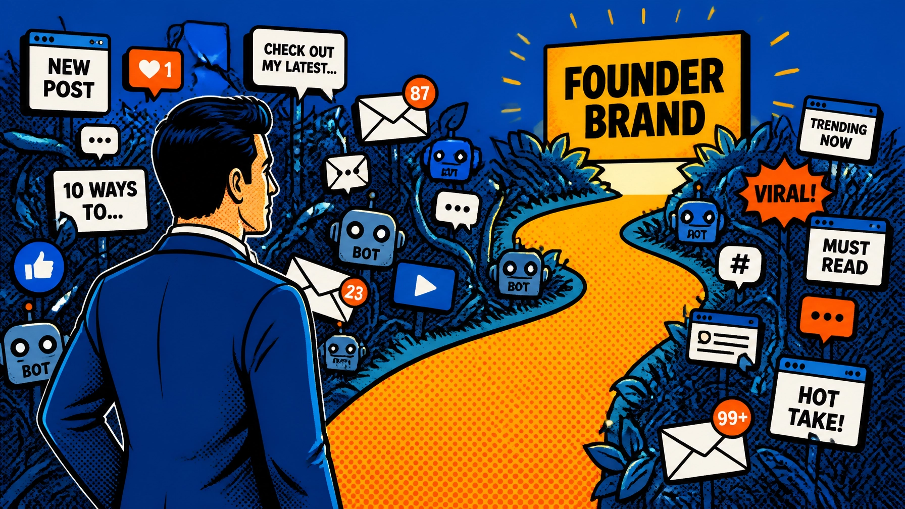 An illustration of a businessman looking at a clear path through a chaotic jungle of digital icons (emails, bots, generic posts). The path is marked 'Founder Brand'. Clean vector style, comic-inspired, bold blue background.