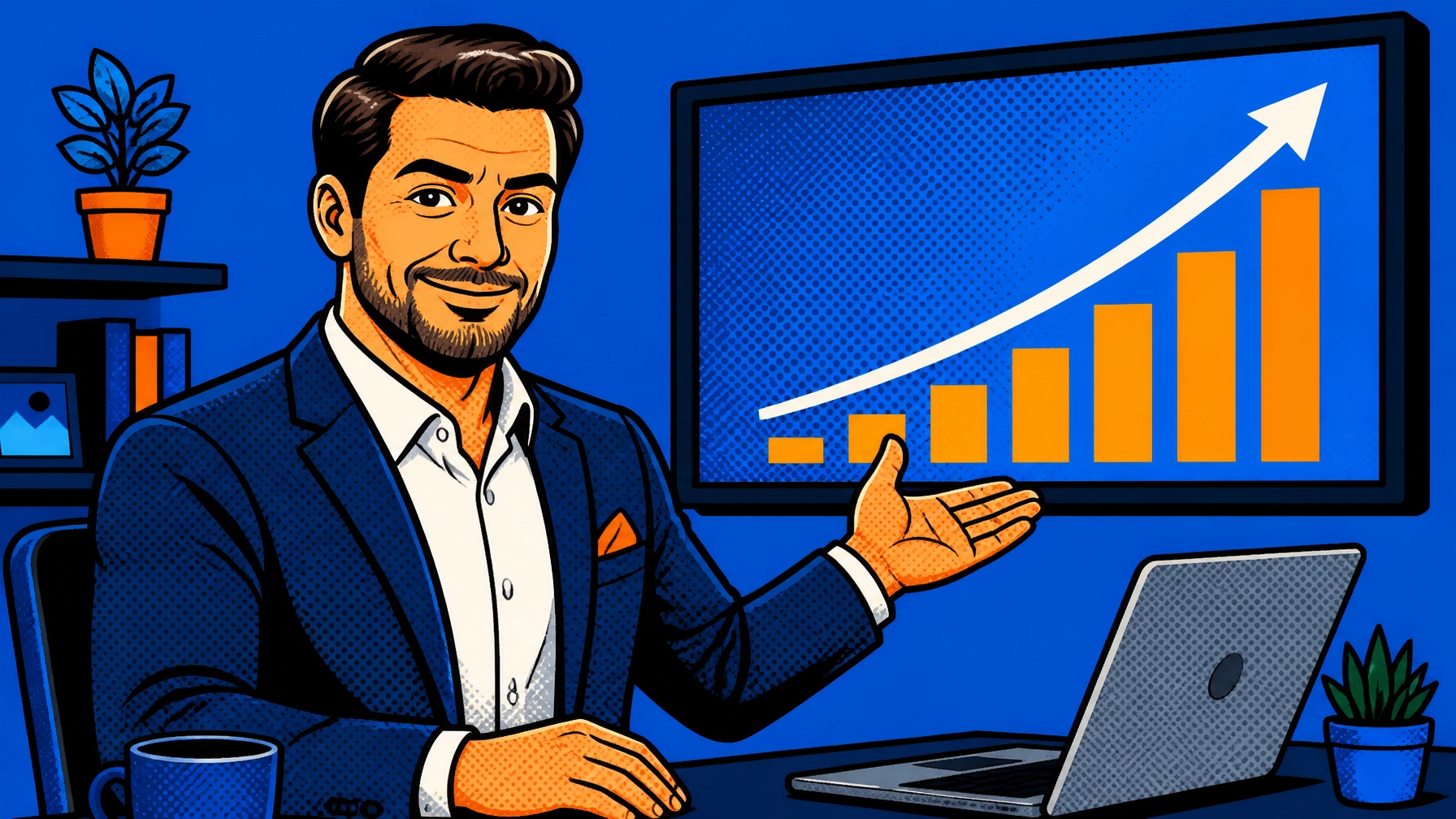 A confident B2B founder in a modern office setting, presented in a clean, vector-based comic illustration style with thick black outlines and pop-art dot shading. The founder is gesturing towards a growing digital graph, symbolising trust and ROI. The background is a vibrant solid blue.