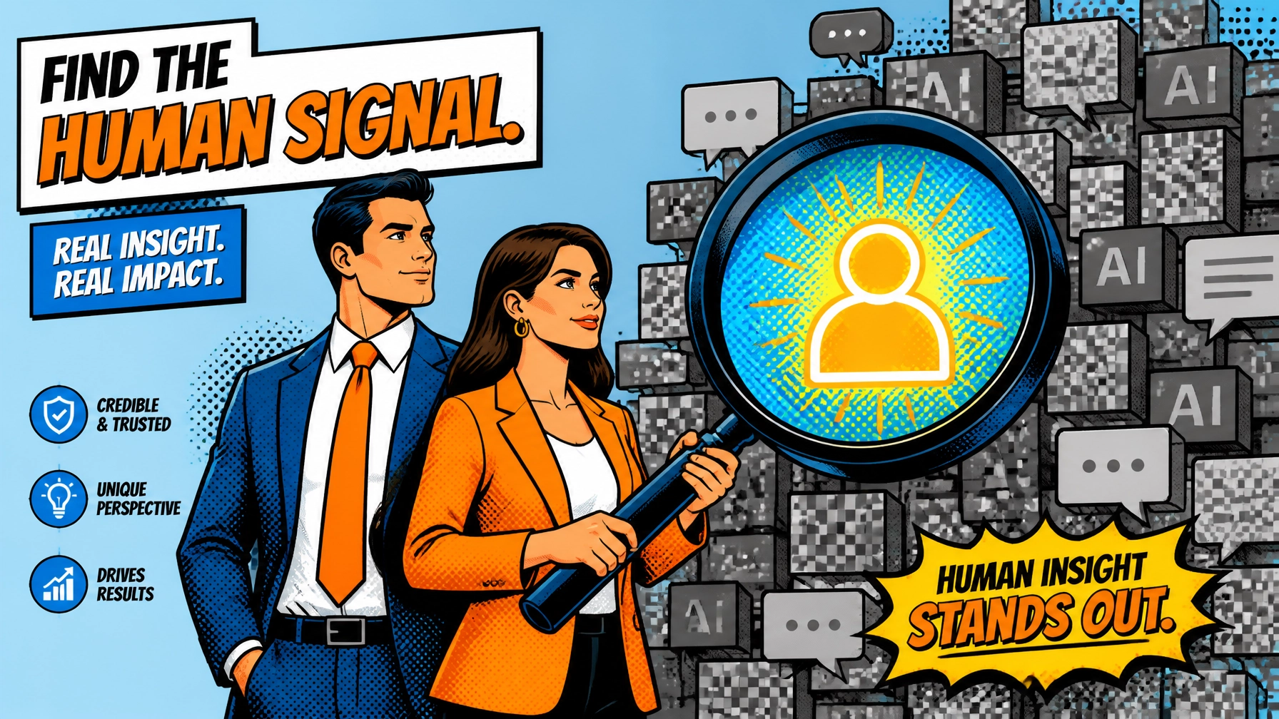 Pop-art illustration showing human signal cutting through a flood of AI-generated noise in B2B social media