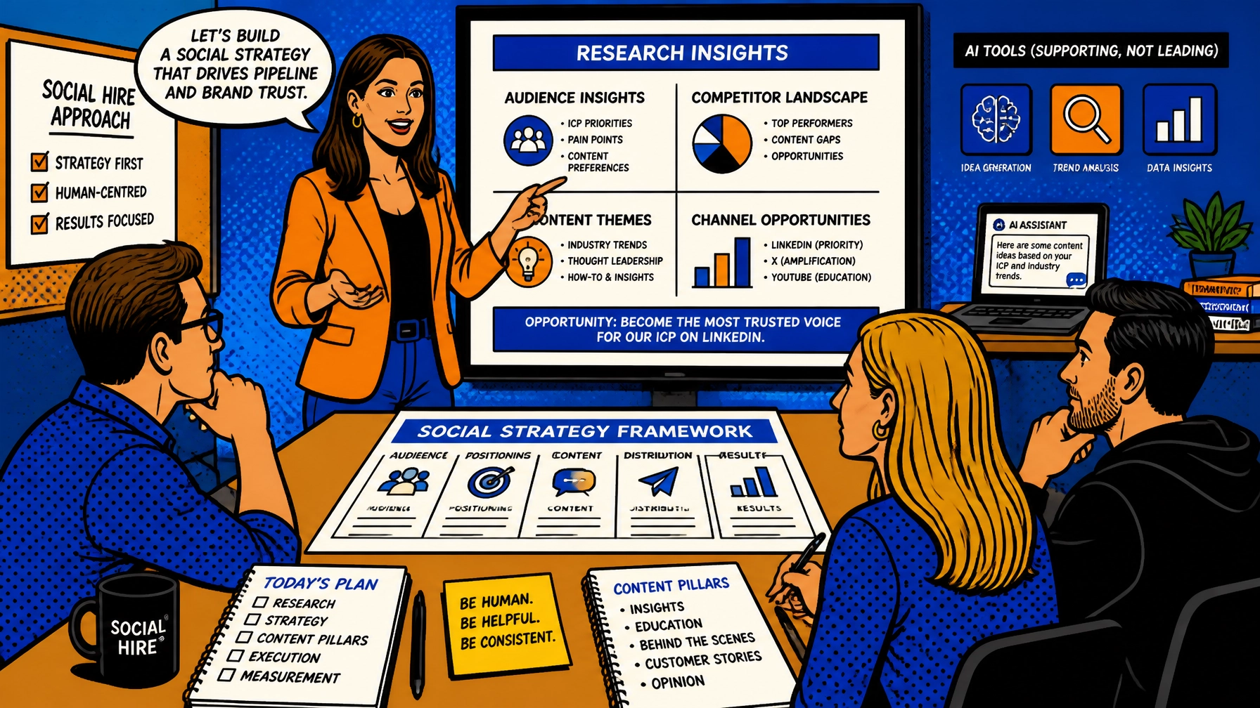 Pop-art illustration of a human expert guiding a B2B social media strategy session with founders around a table